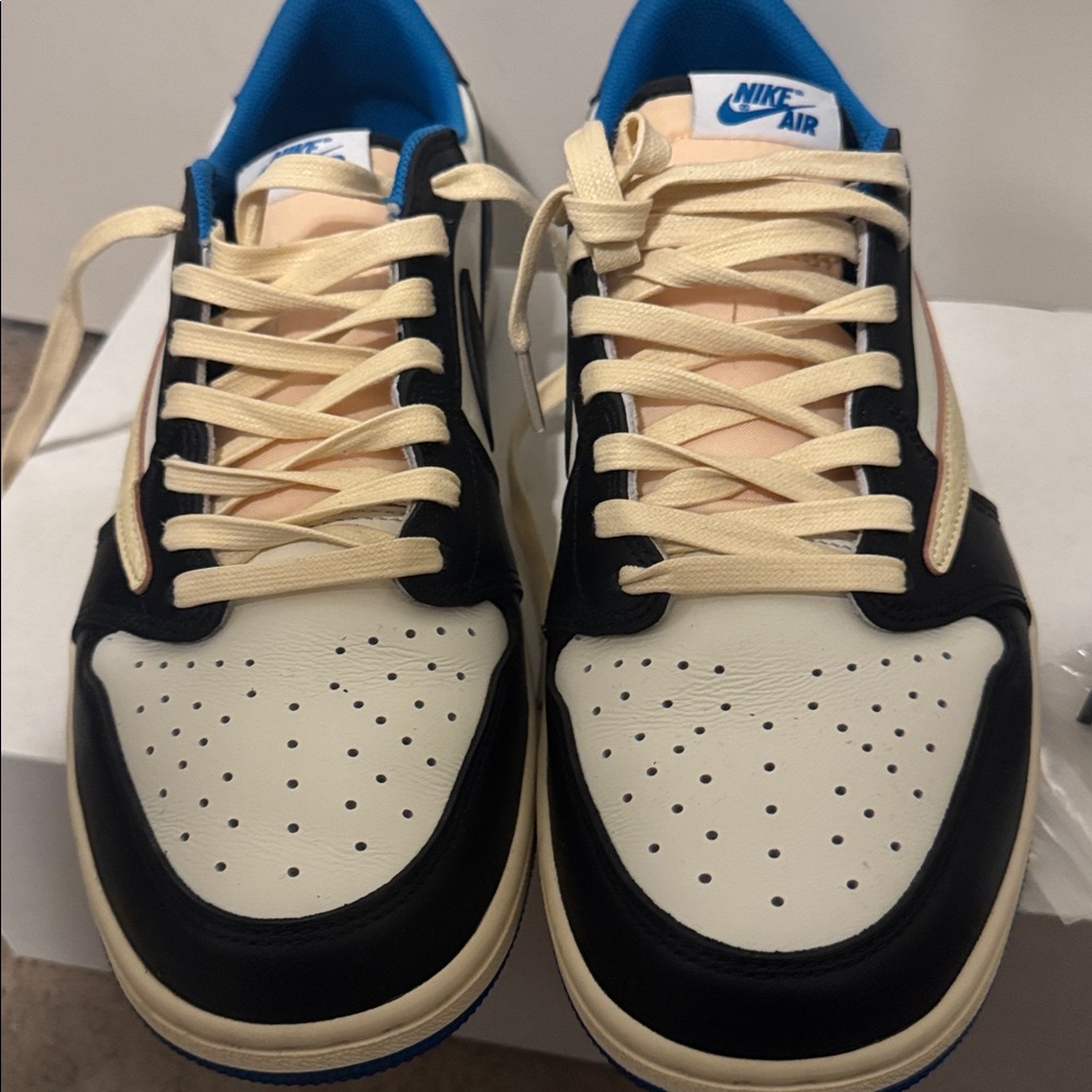 Jordan 1 Fragment Travis Scott Men's Black, Blue, and Cream Sneakers - Picture 2 of 6
